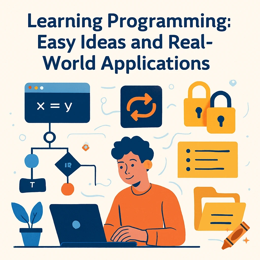 Illustration of a person with a laptop surrounded by programming icons like a flowchart, locks, folder, refresh symbol, and text.