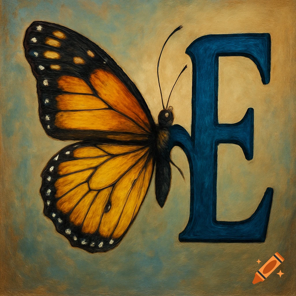 A monarch butterfly has a blue letter E as its right wing, in a painterly style.