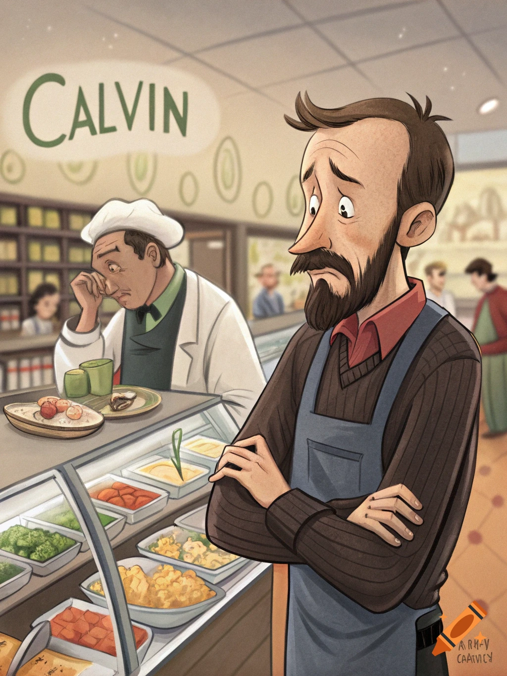Cartoon illustration of two men in a store, one looking sad behind a counter, the other looking away. Text 'CALVIN' is visible.
