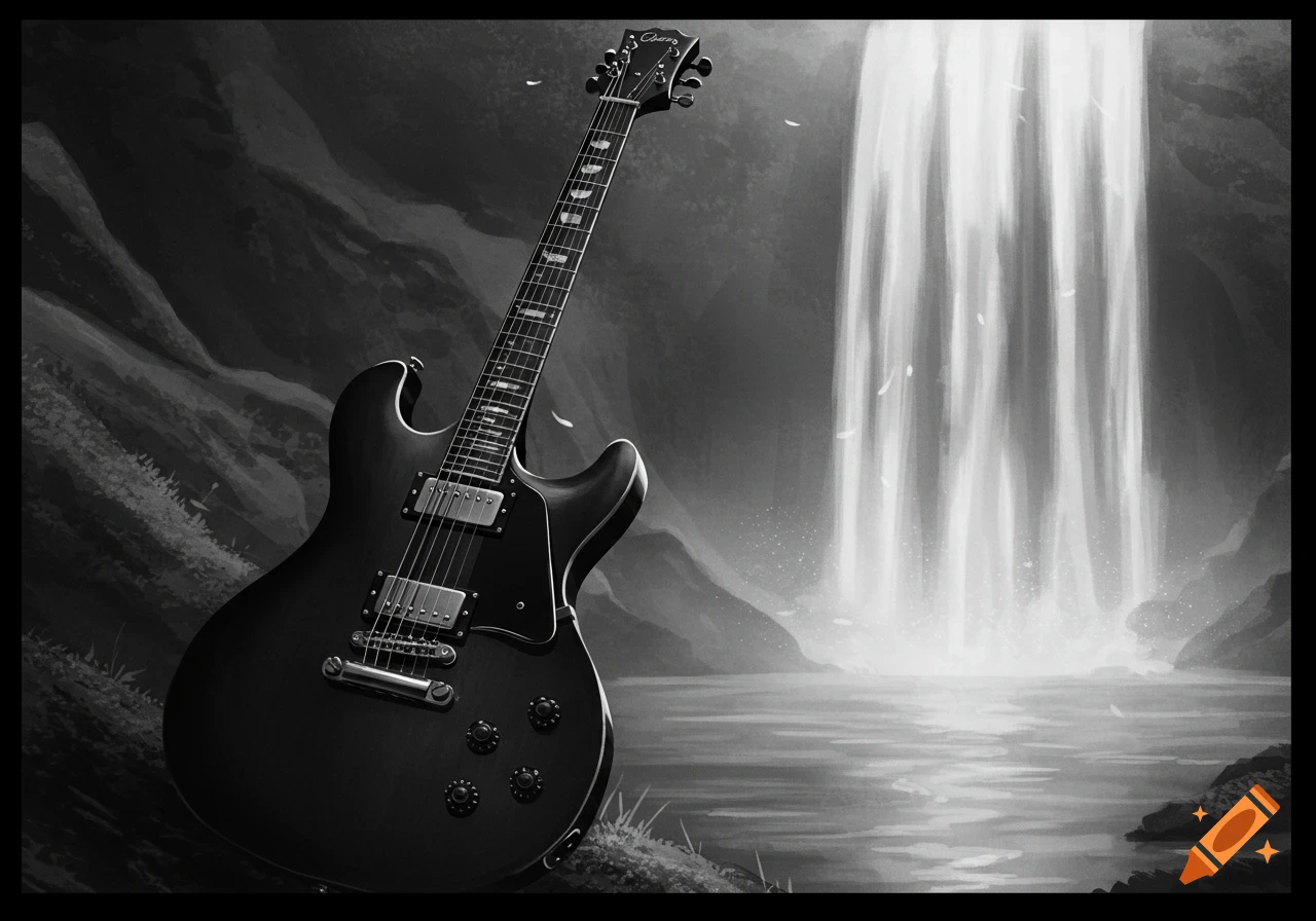 A grayscale image of a guitar leaning on a rock with a waterfall and lake behind it.