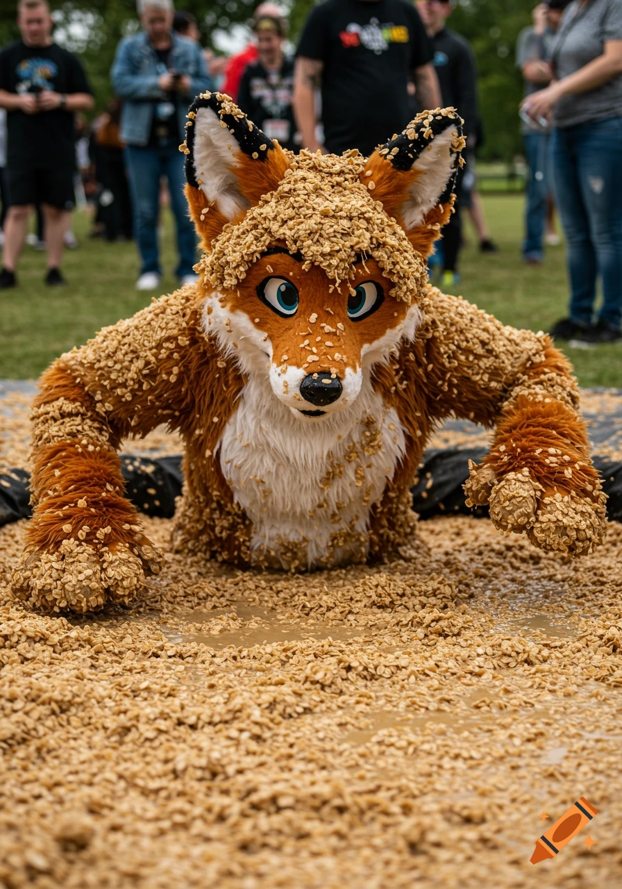 A fox fursuit covered in oatmeal climbs out of a pit.