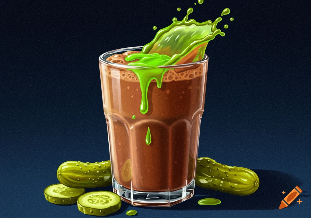 A glass of chocolate milk with a green liquid splashing out, surrounded by pickles and pickle slices.