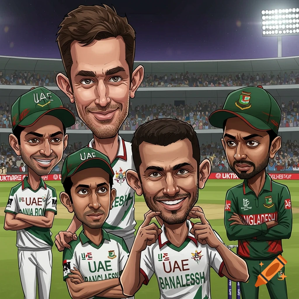 Cartoon-style caricature drawing of five cricket players standing in a stadium at night.