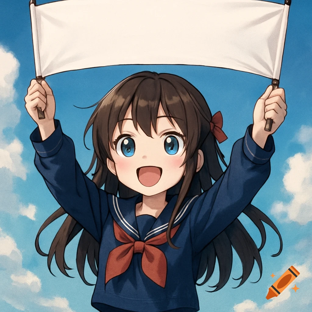 An anime girl holds a blank banner.