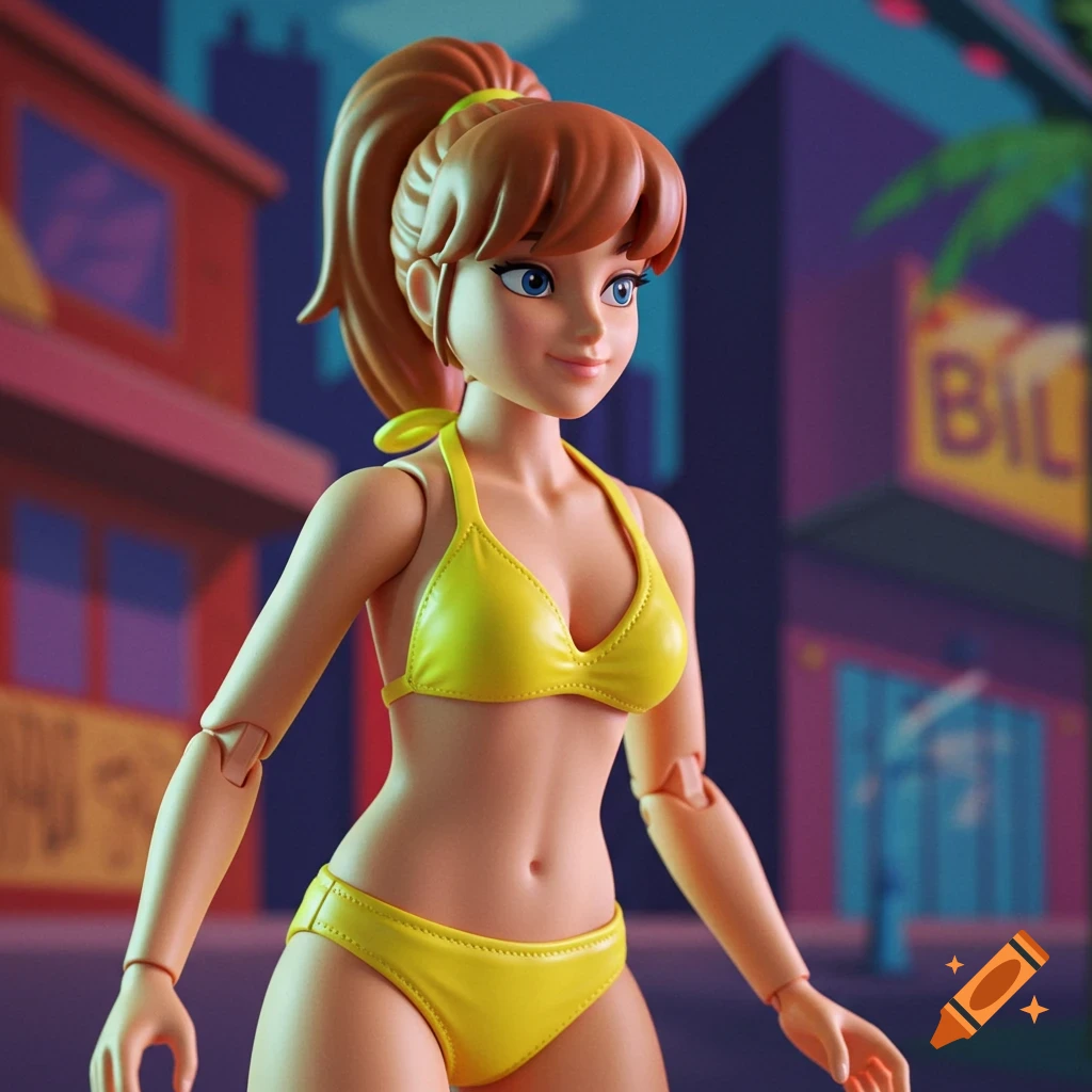 April O'Neil action figure in a yellow bikini against an urban background