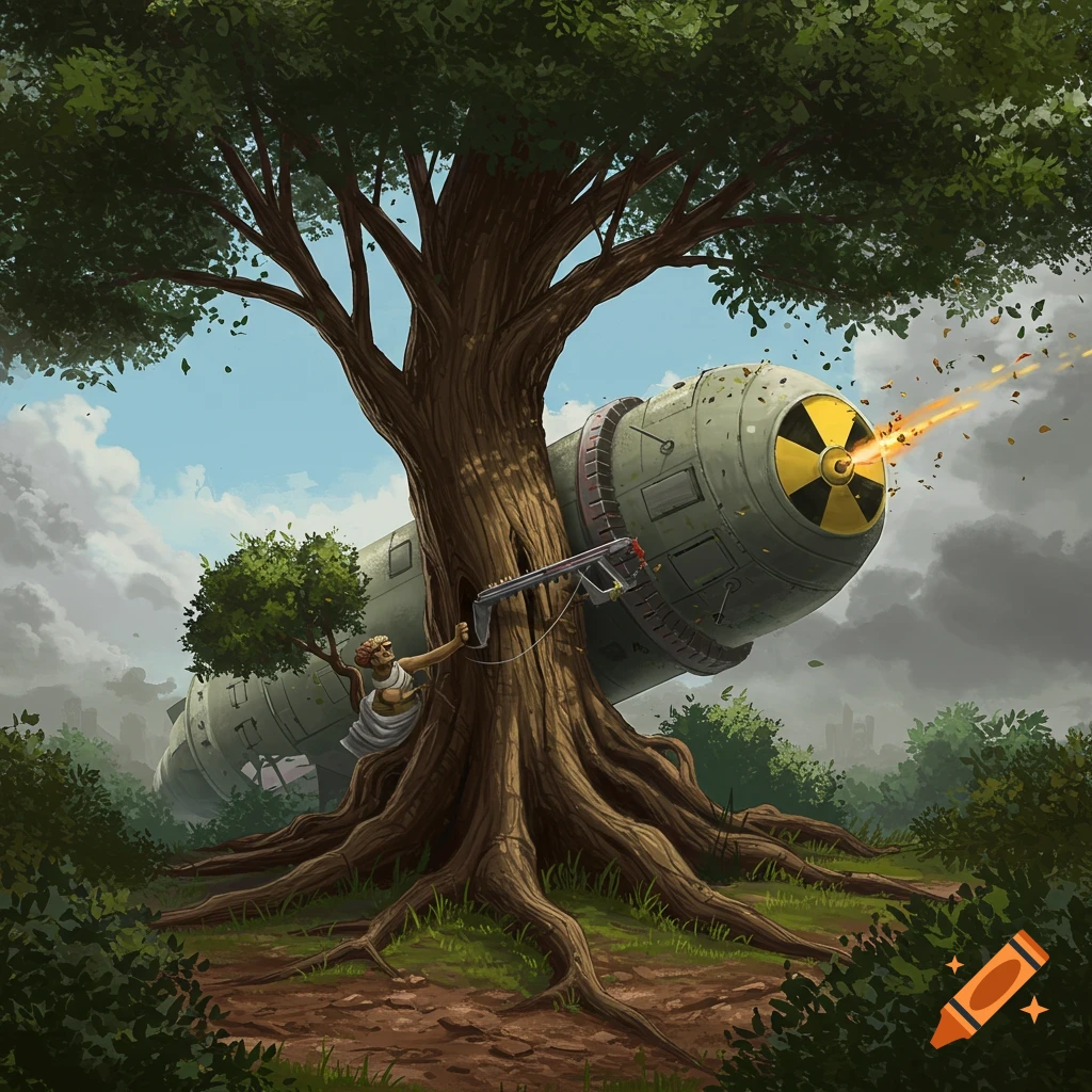 A figure shoots a weapon at a large bomb embedded in the roots of a tree in a surreal illustration.