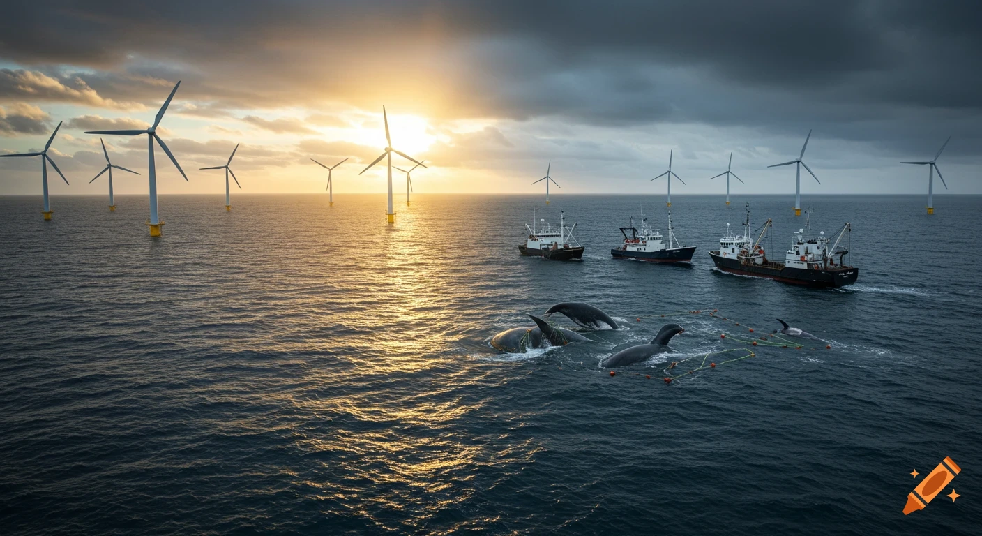 Photorealistic view of ocean scene split between wind turbines at sunset and fishing trawlers with entangled whales under dark clouds.