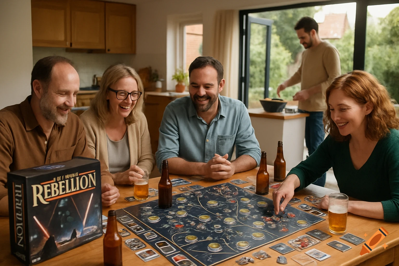 Four friends are playing a board game at a table with beer bottles, while another person cooks in the background.