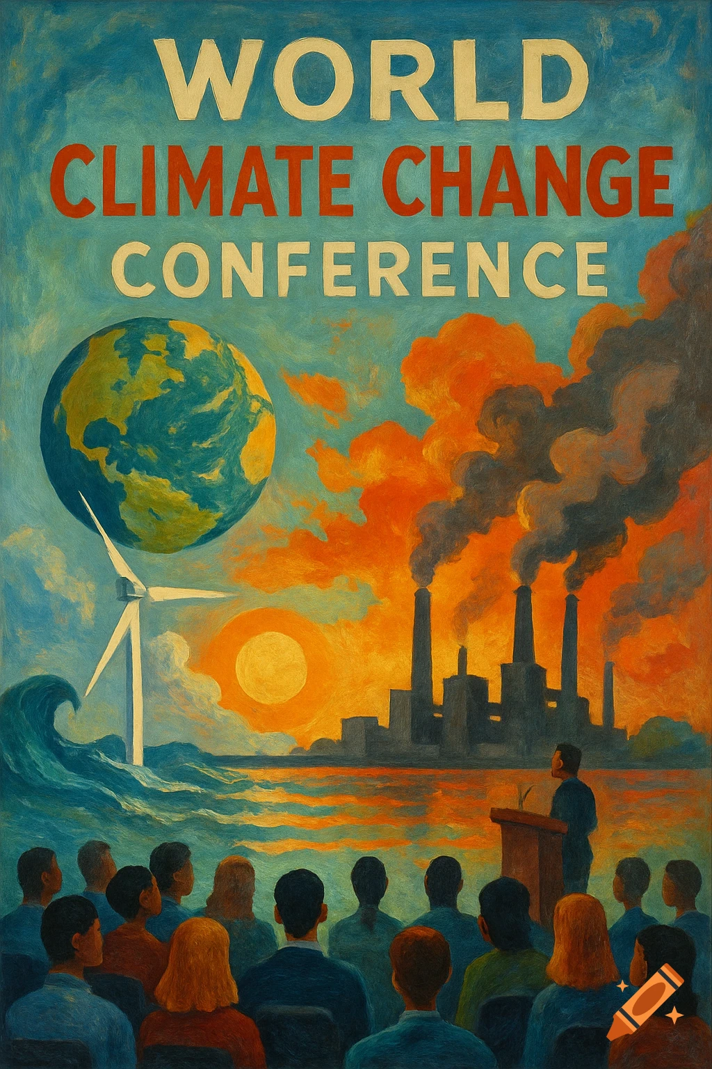 Poster showing a climate change conference with a speaker, crowd, industry pollution, windmill, and earth.