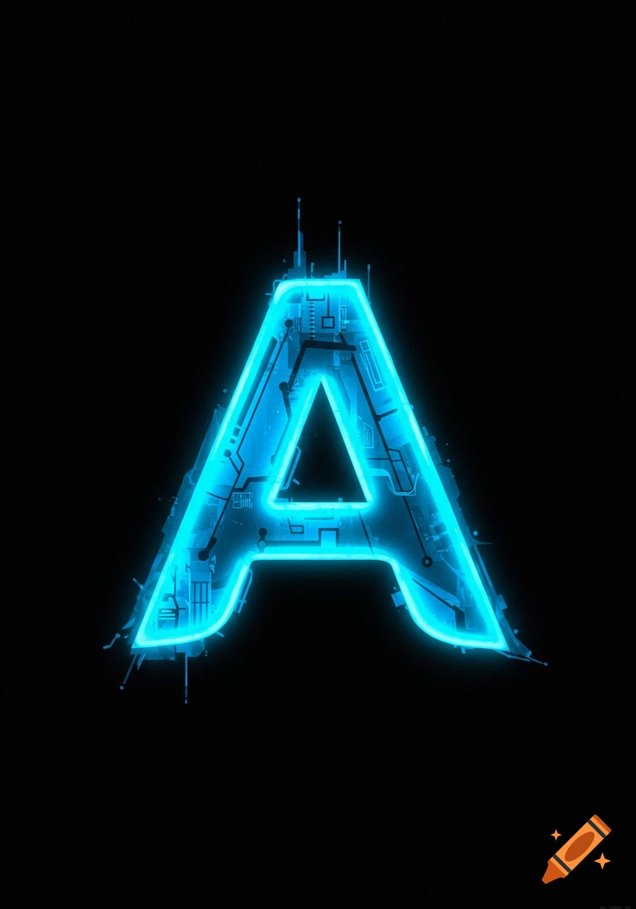 Large glowing blue capital A with circuit pattern on black