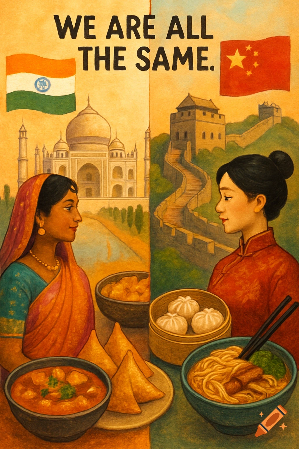 Watercolor image split showing India (Taj Mahal, woman, food, flag) and China (Great Wall, woman, food, flag) with 'WE ARE ALL THE SAME' text.