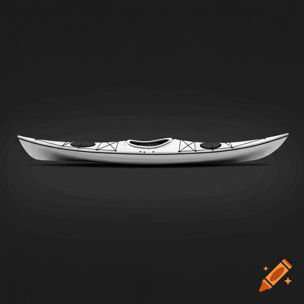 A white kayak sits on a dark background.
