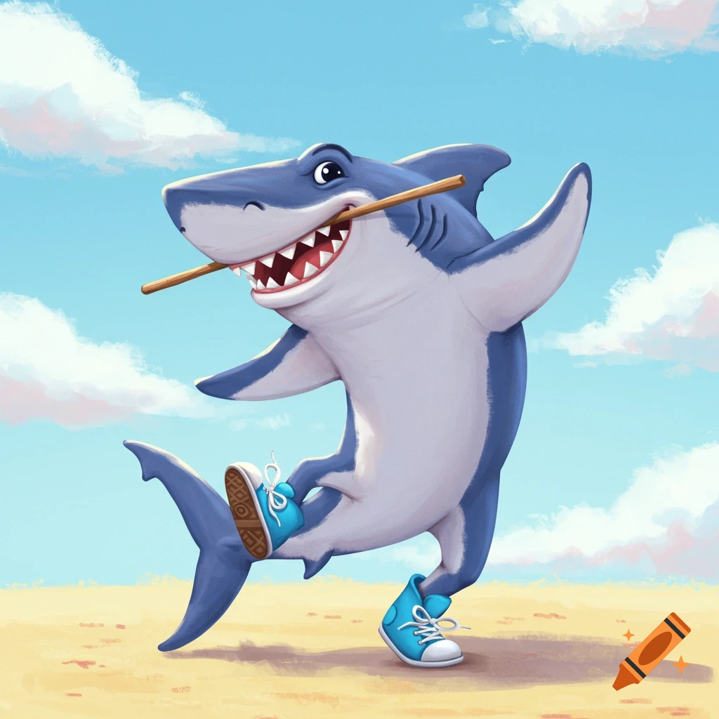 Cartoon shark in blue shoes dances on a beach holding a stick in its mouth.