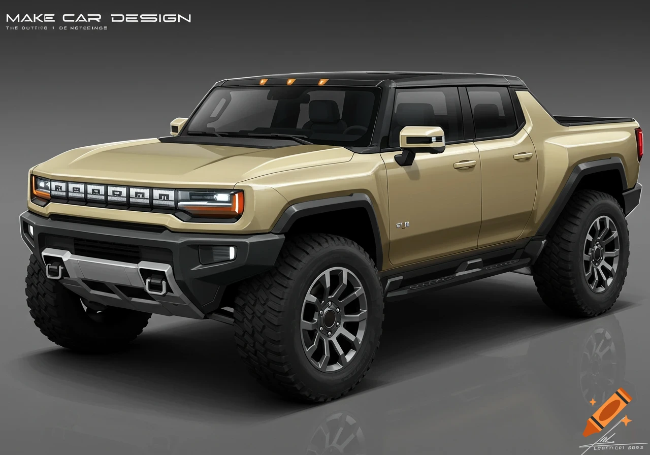 Illustration of a large, gold Hummer EV-like pickup truck design on a grey background.