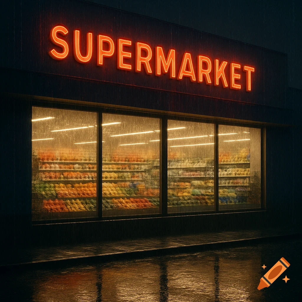 A neon sign displaying "SUPERMARKET" glows red above a storefront with rain streaking down the windows at night.