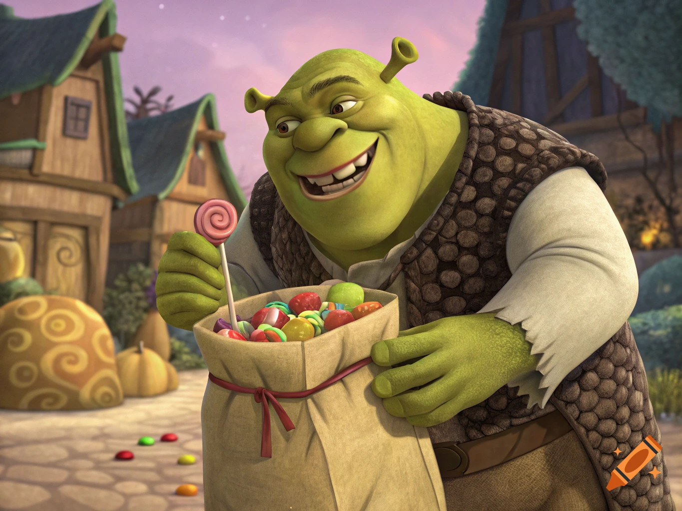 Shrek smiles, holding a bag overflowing with candy and a lollipop in a village setting.