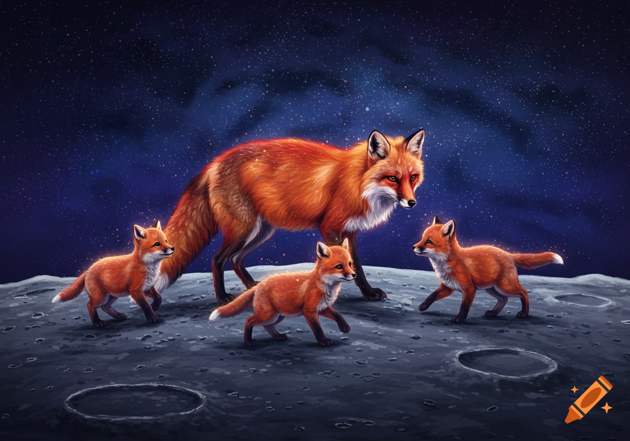 A mother fox and three cubs run across the moon surface under a starry sky in a fantasy illustration.