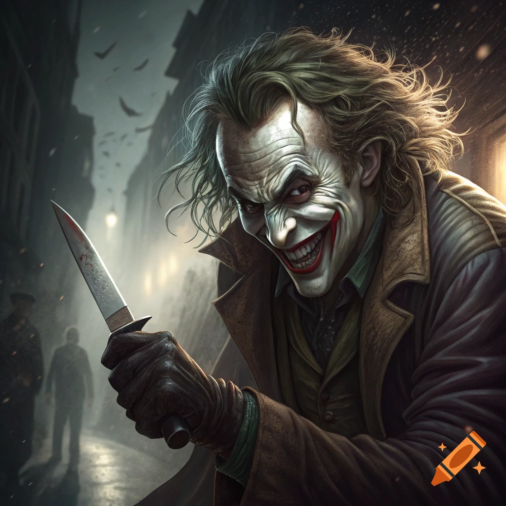 Heath Ledger Joker in dark alley holding bloody knife and smiling maniacally. Digital painting.