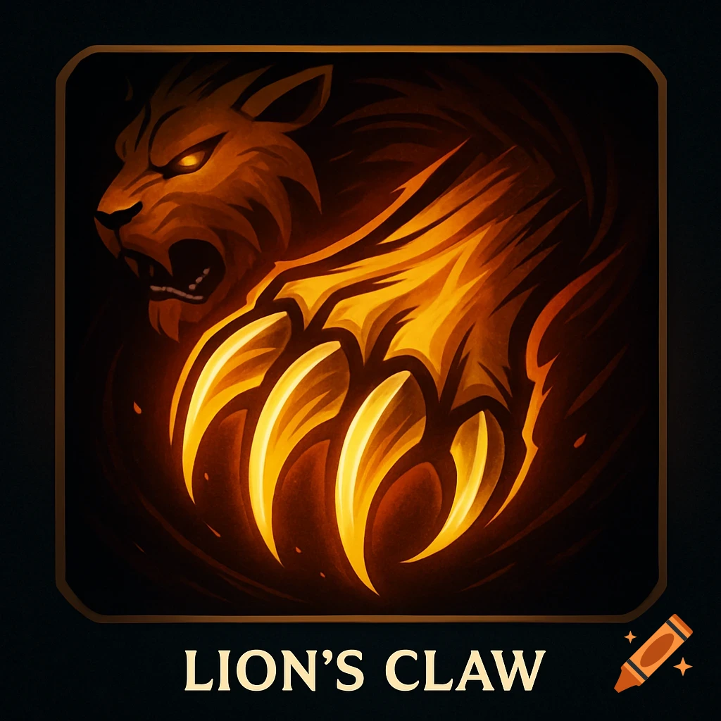 Stylized icon of a roaring lion's head and a glowing claw.