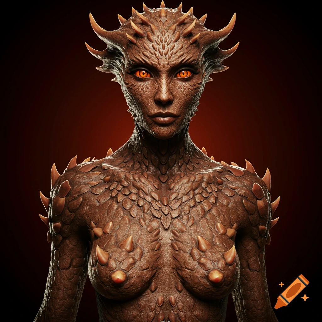 Close-up of a female fantasy creature with brown scales, horns, and bright orange eyes.