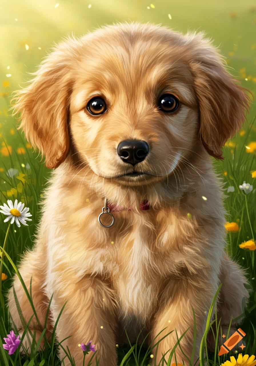 A golden retriever puppy sits in a field of wildflowers.