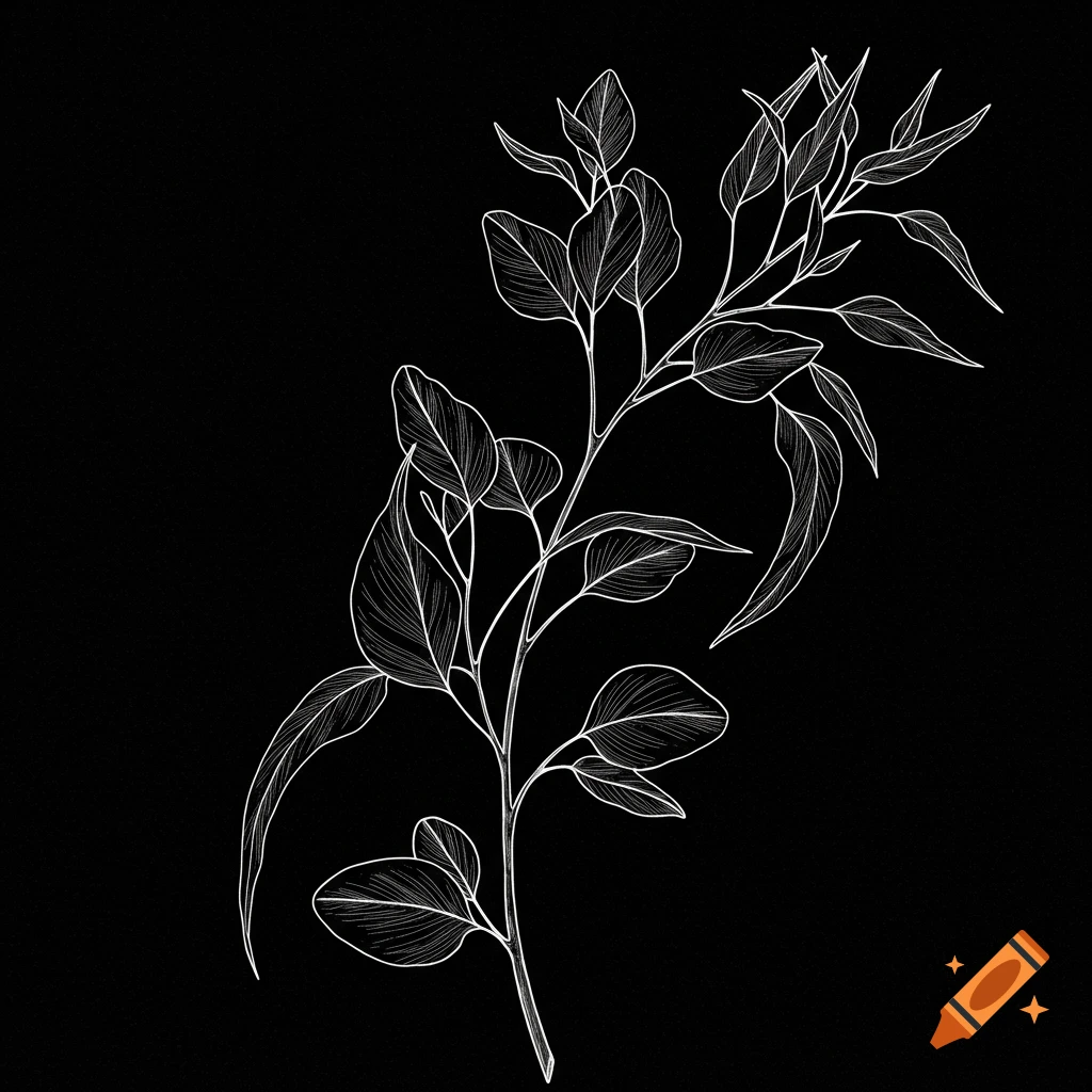 White line drawing of a eucalyptus branch with leaves on a black background.