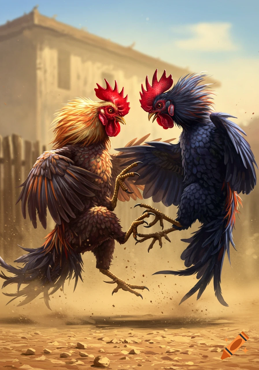 Two stylized roosters fighting in a dusty arena.