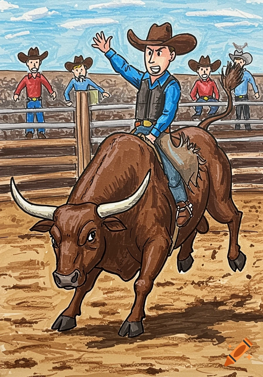 A cartoon illustration of a cowboy riding a bucking bull in a rodeo arena while spectators watch.