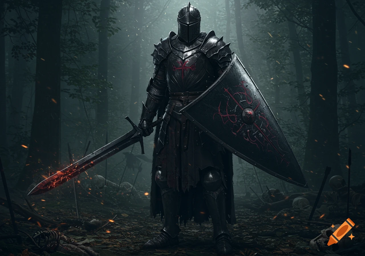 Dark knight standing in a forest full of skulls