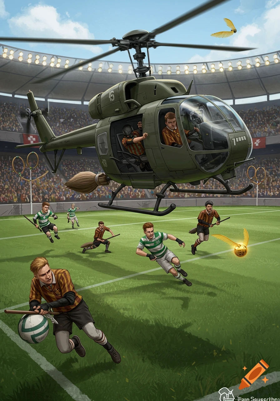 Illustration of a Quidditch-like game with a helicopter and players in a stadium chasing golden snitches.