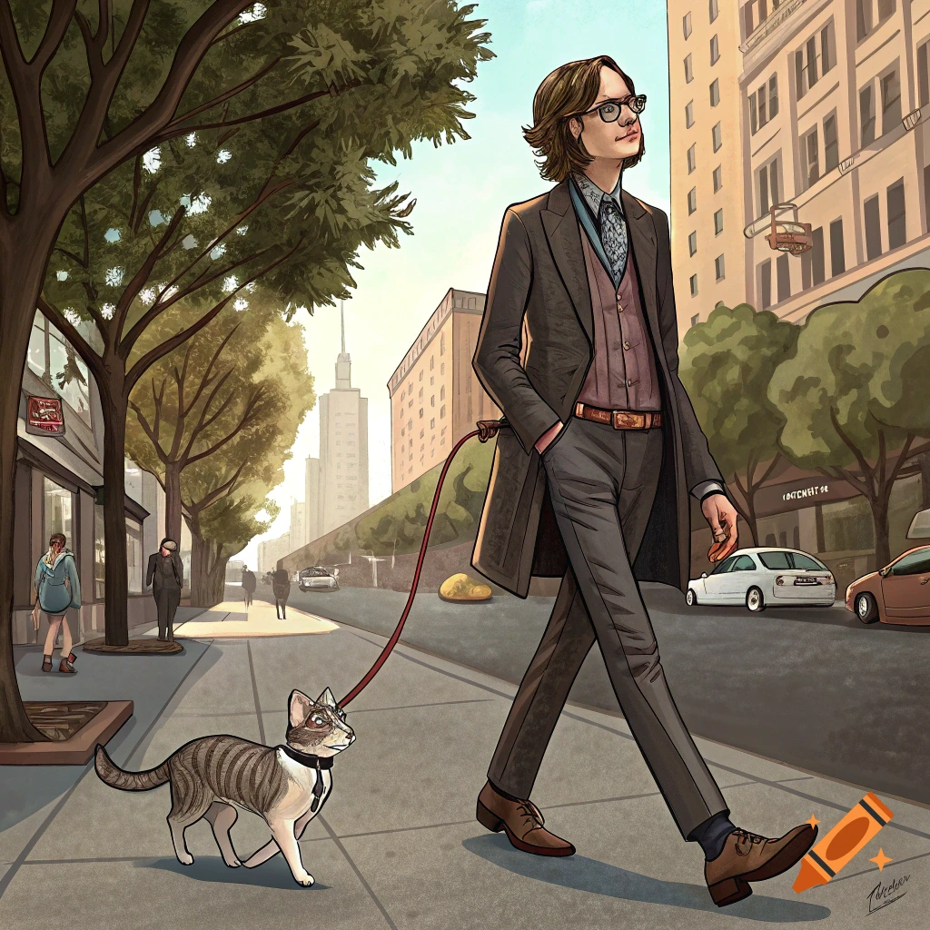 A stylized illustration of a man walking a tabby cat on a leash down a sunny city street.