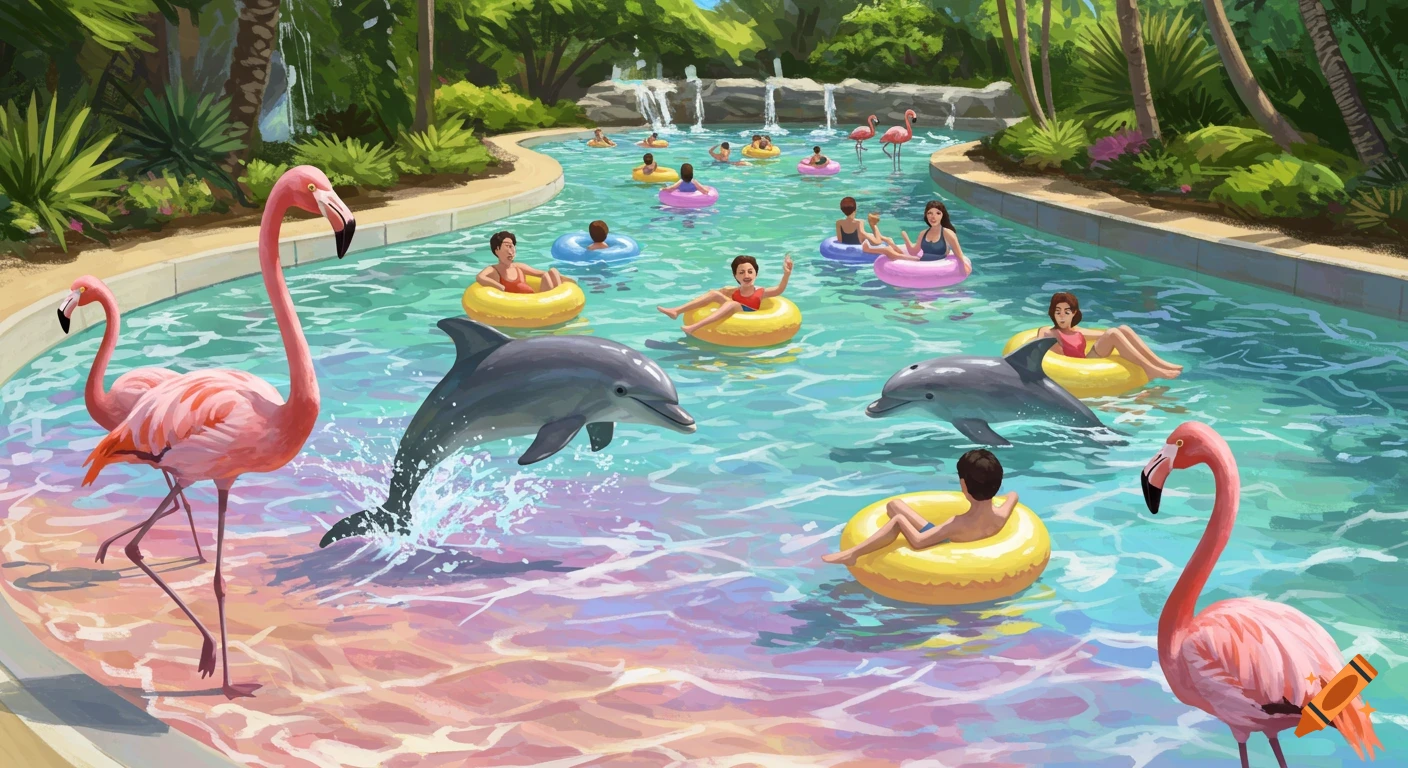 Illustration of a water park lazy river with people on floats, jumping dolphins, and flamingos.
