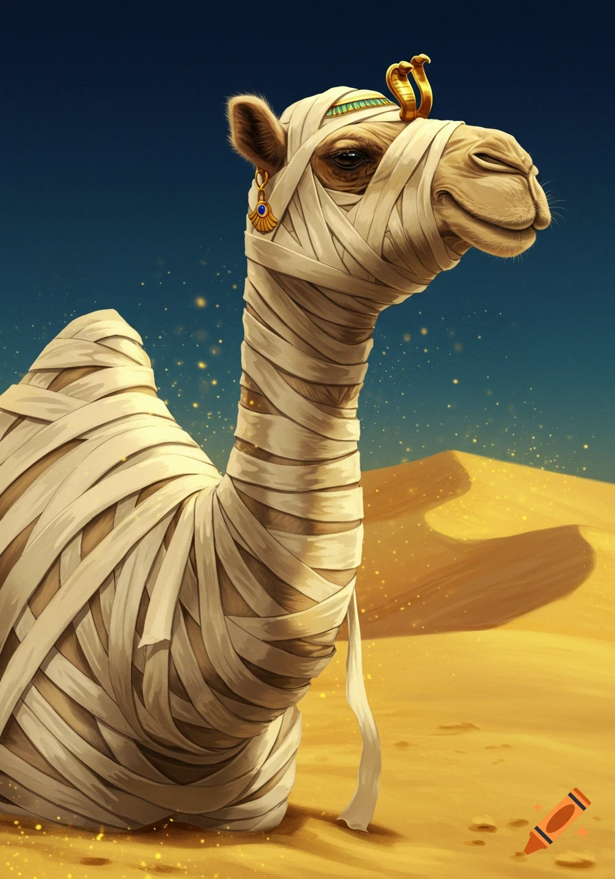 A mummy-wrapped camel with Egyptian jewelry sits in a desert under a dark sky.