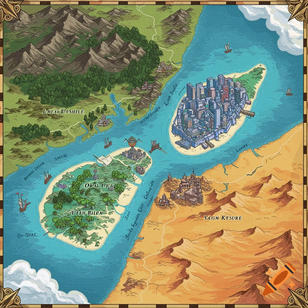 A hand-drawn fantasy map showing islands, a city, mountains, forests, deserts, and bodies of water with ships.