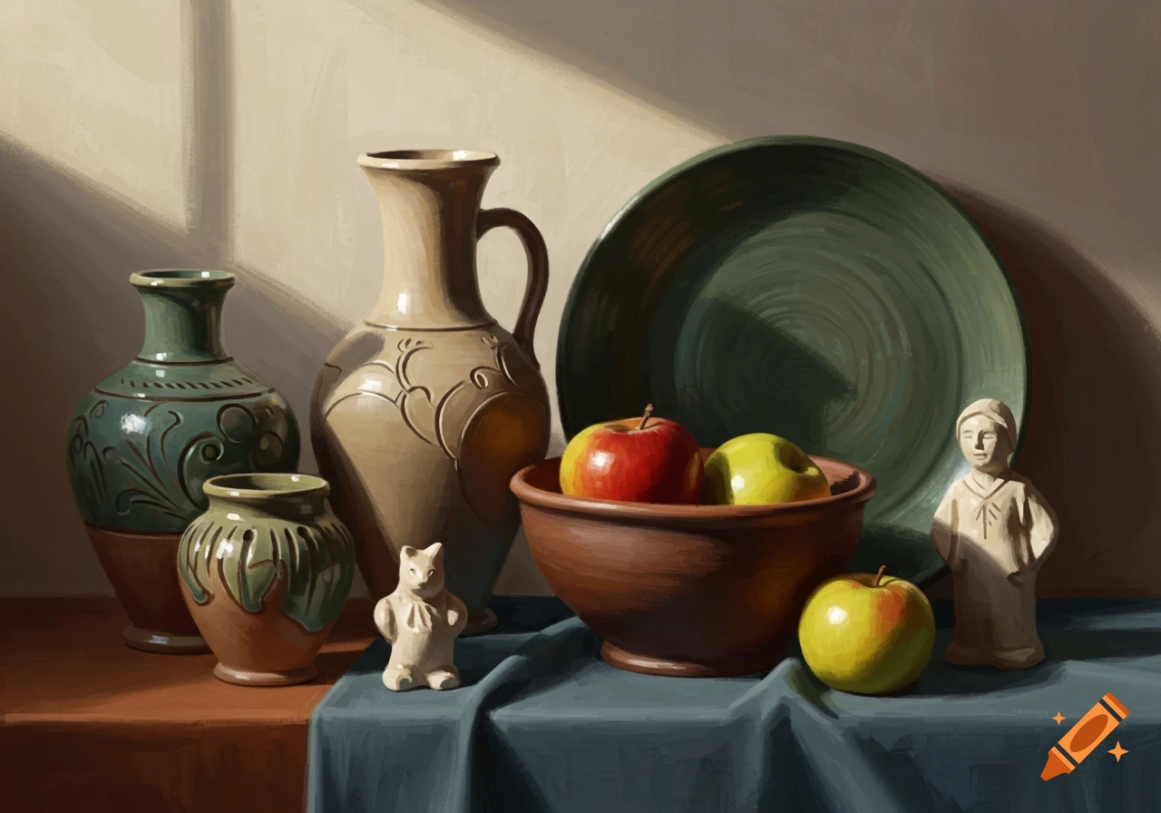 Digital painting of a still life with ceramic vases, a plate, apples, and figurines in warm light.