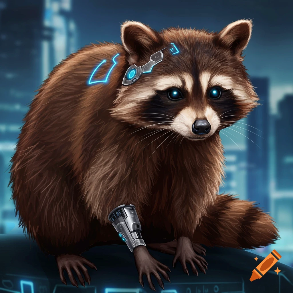 Digital illustration of a cyborg raccoon with glowing blue eyes and futuristic implants in a blurry city background.