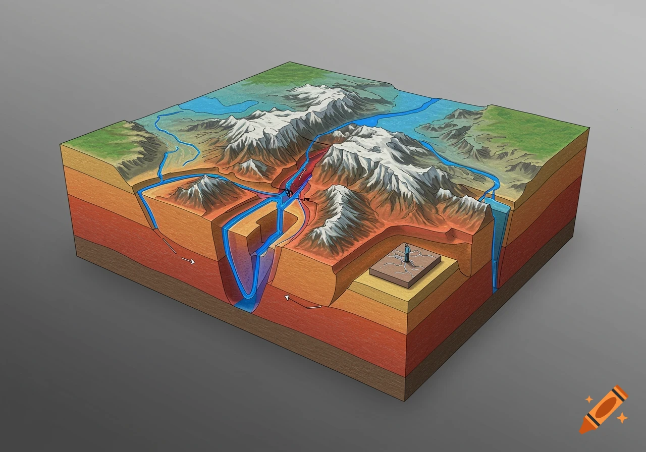 Scientific illustration of geological layers, mountains, rivers, and tectonic subduction.