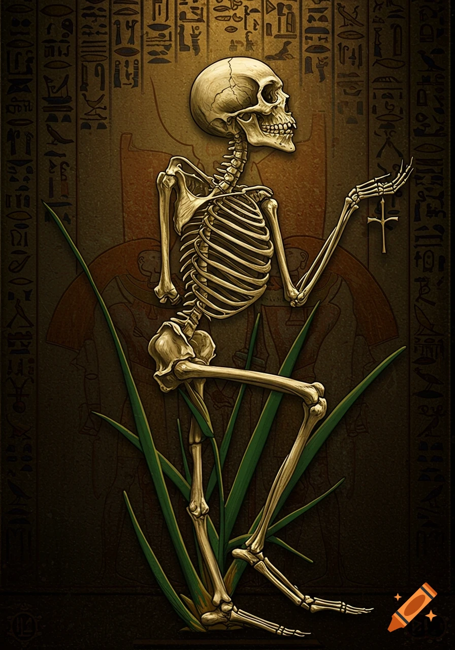A skeleton stands in tall grass against an Egyptian-style wall with hieroglyphics, holding an ankh.