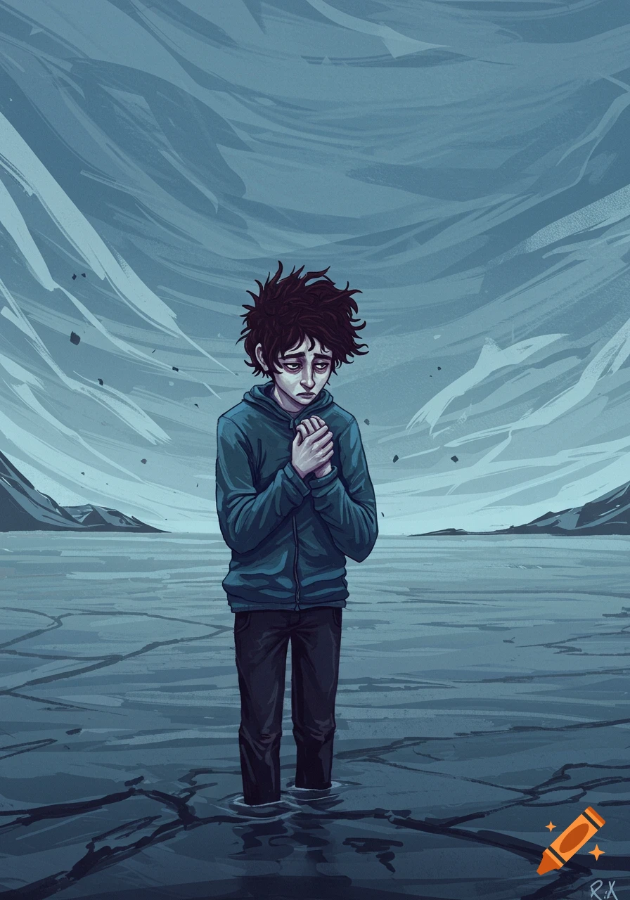 Illustration of a sad person standing in ankle-deep water on cracked ice in a bleak, frozen landscape.