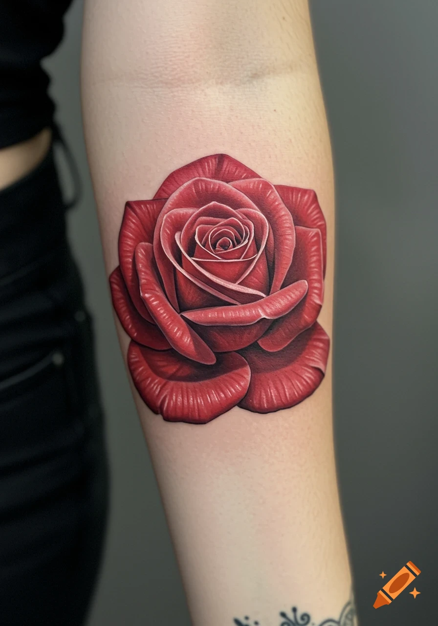 A realistic red rose tattoo on a person's arm.