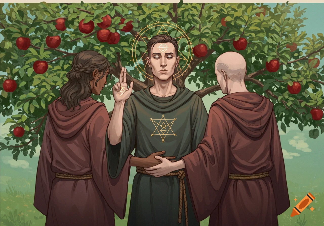 Three robed figures under an apple tree, one making a spiritual gesture with symbols on their hand and chest.