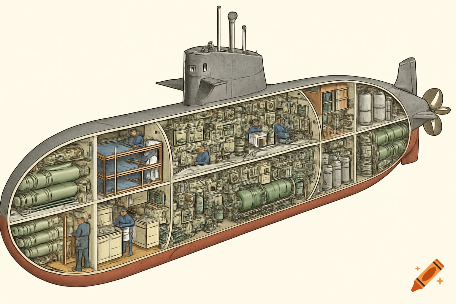 A cutaway drawing showing the interior of a submarine with crew members inside.