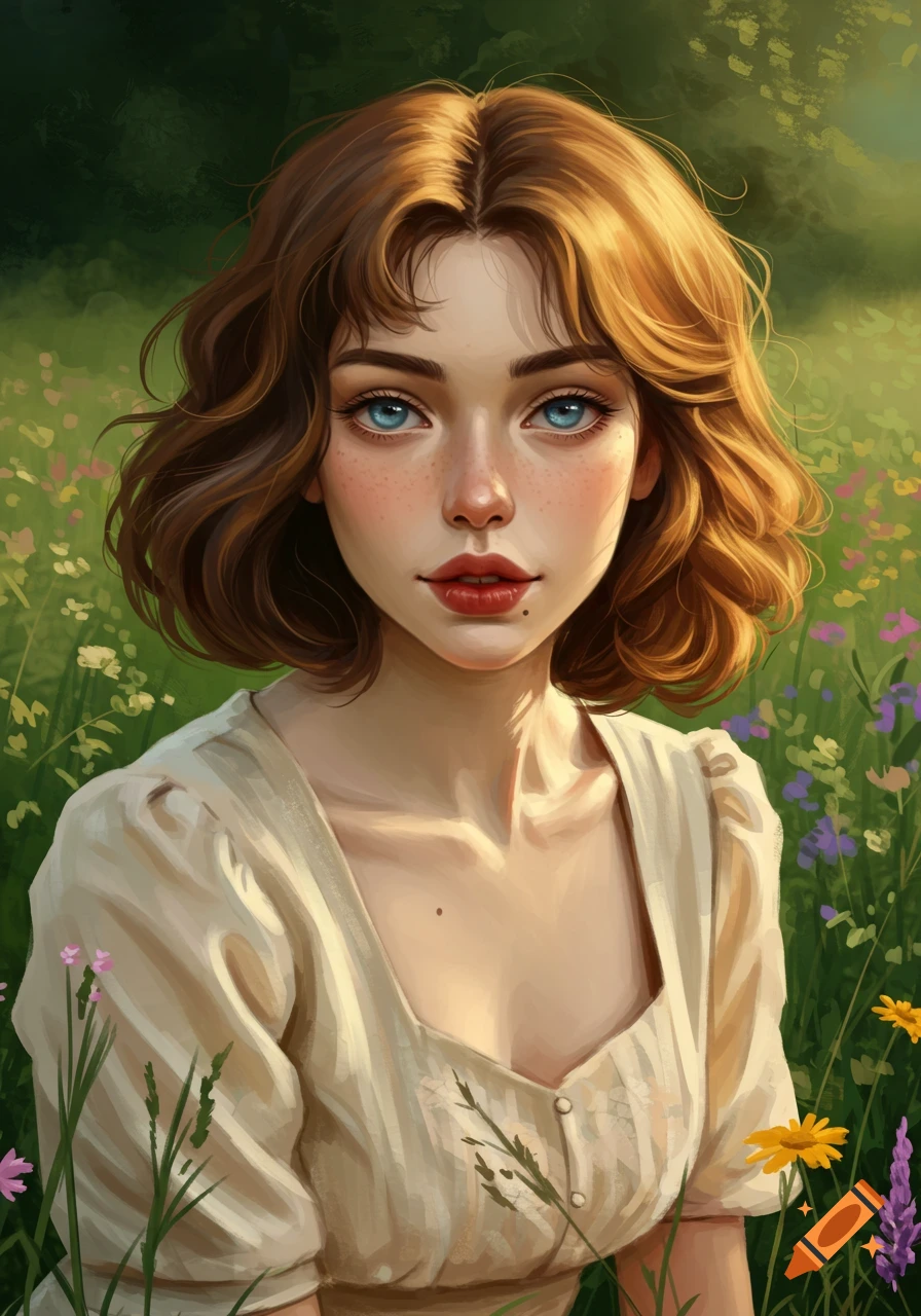 Portrait of a woman with honey brown hair and blue eyes in a field of ...