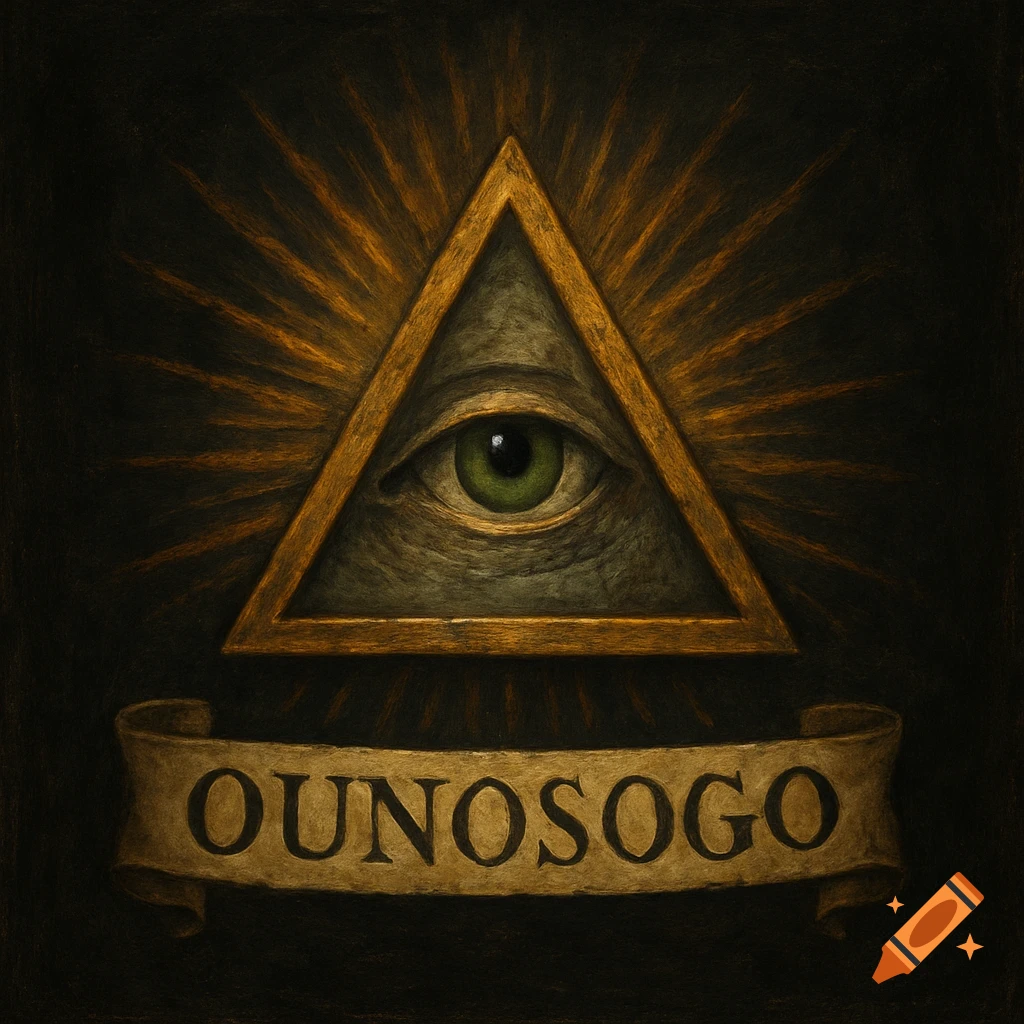 Painting of the Eye of Providence in a golden triangle with rays above a banner with the text OUNOSOGO on a dark background.
