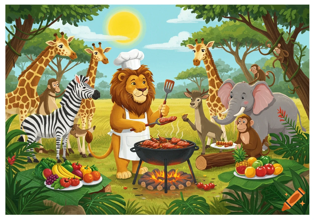 Cartoon illustration of a lion chef barbecuing for safari animals (giraffes, zebra, elephant) in a savanna.