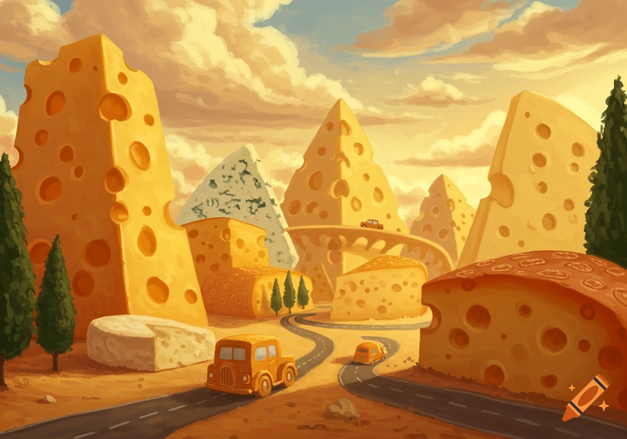 Illustration of a landscape made of cheese mountains, blocks, and wheels, with vehicles driving on roads.