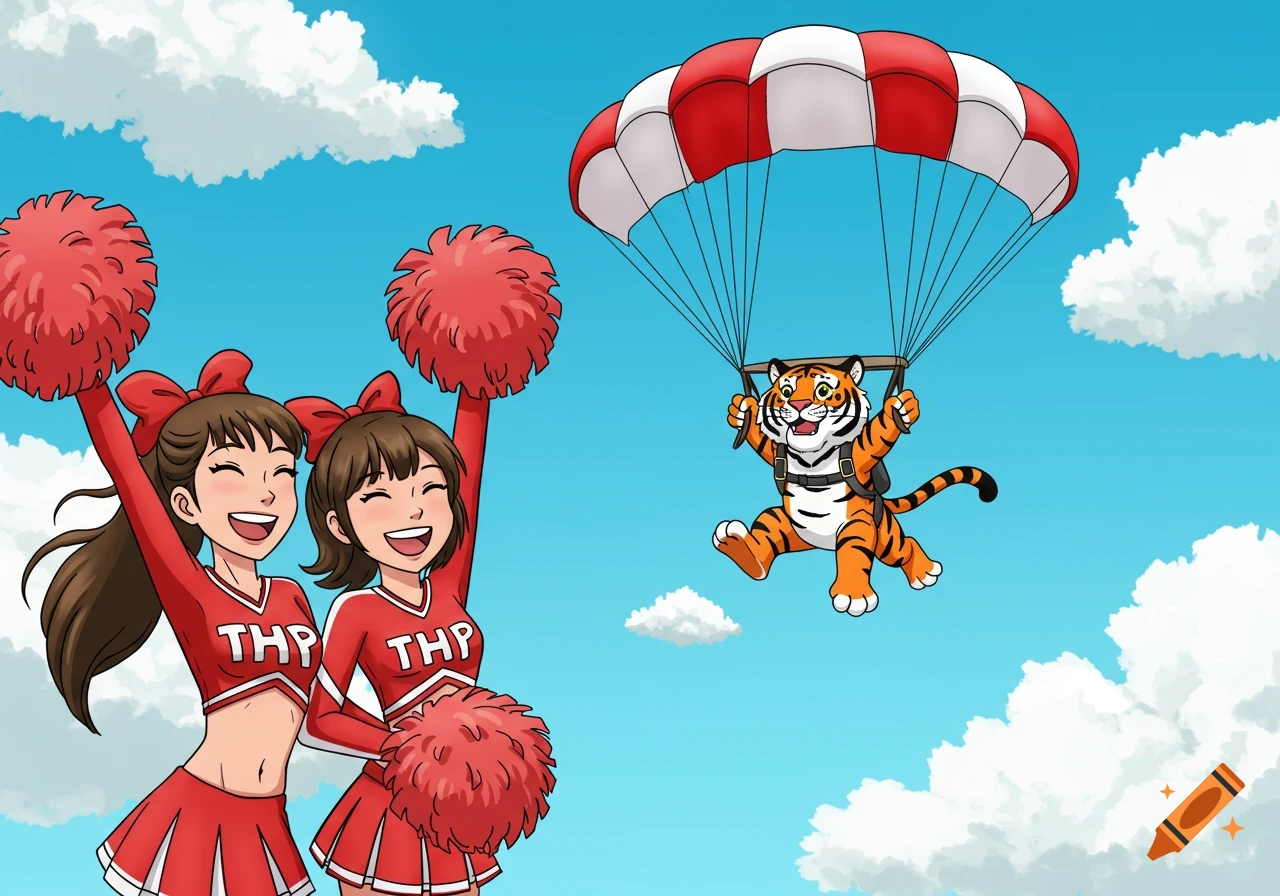 Cartoon cheerleaders cheering as a tiger parachutes nearby in the sky.