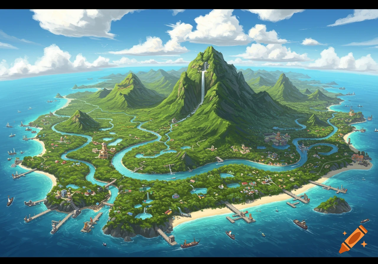 Overhead illustration of a detailed island with mountains, rivers, ports, and surrounding ocean.