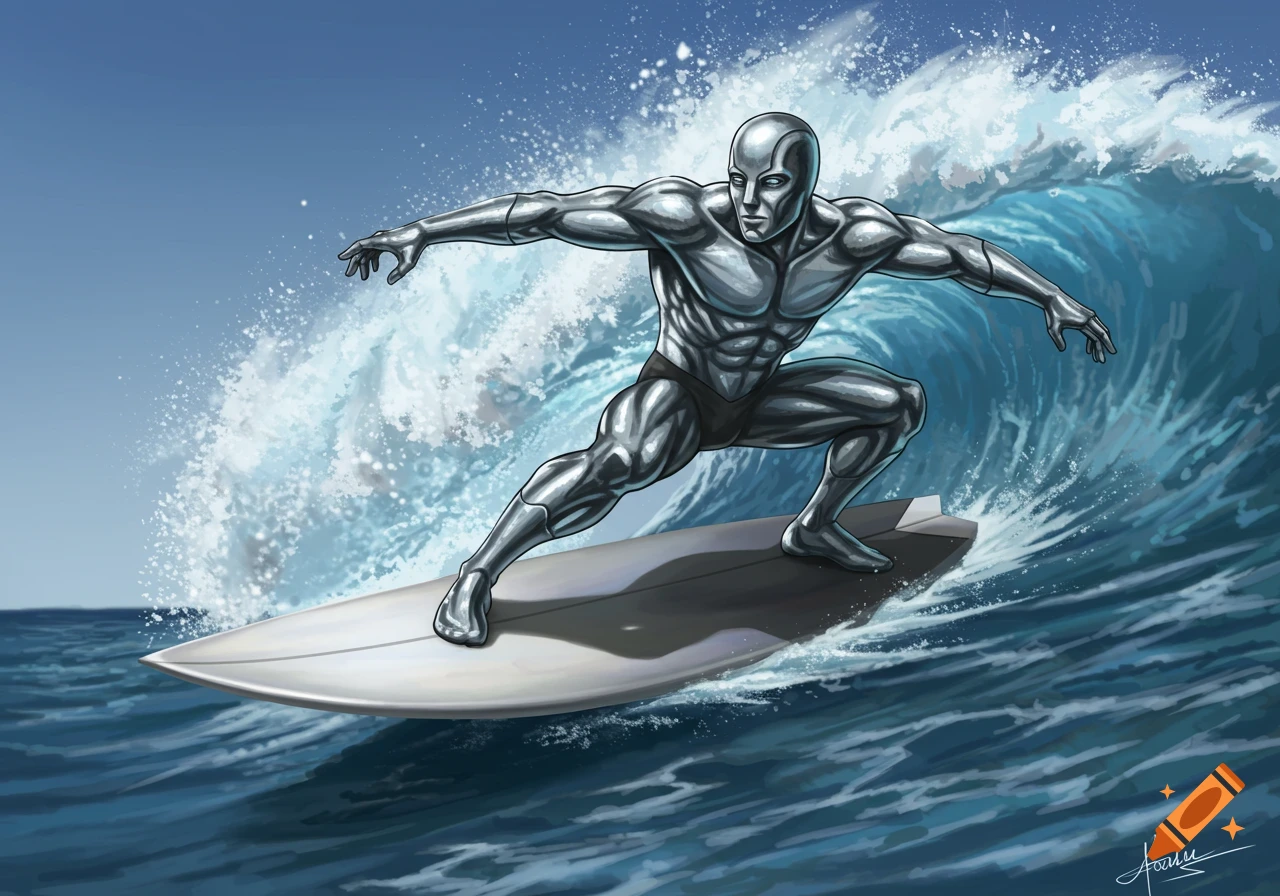 Metallic superhero figure on a surfboard riding a large wave, comic art style.