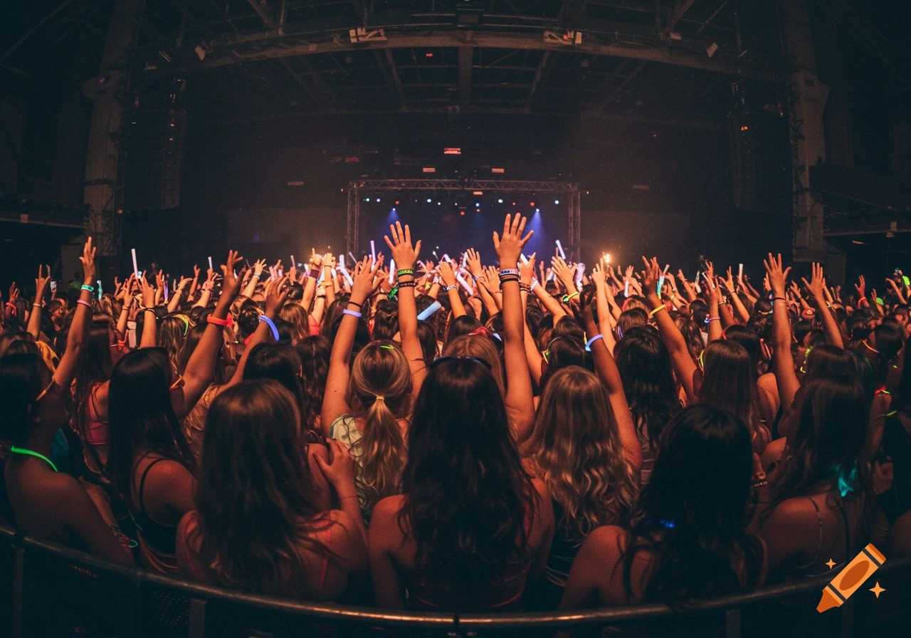 View from behind a large crowd raising their hands with glow sticks at a concert